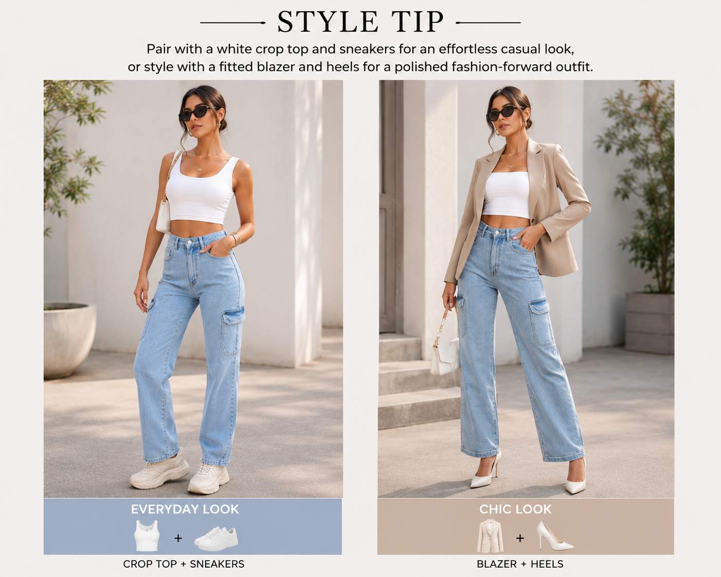 Sky Blue High-Waist Cargo Denim Jeans