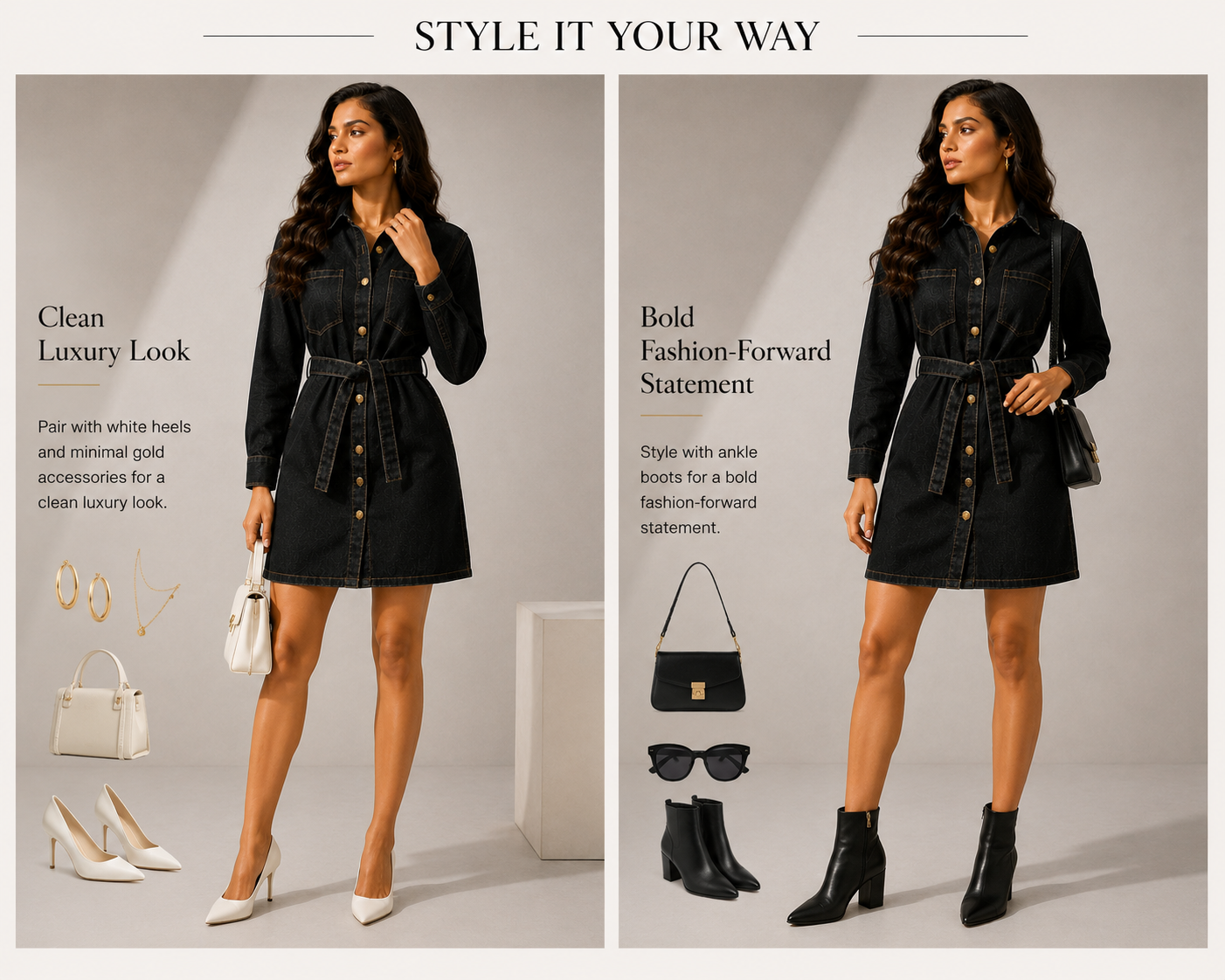 CallyVogue Vintage Black Denim Shirt Dress with Waist Tie Belt