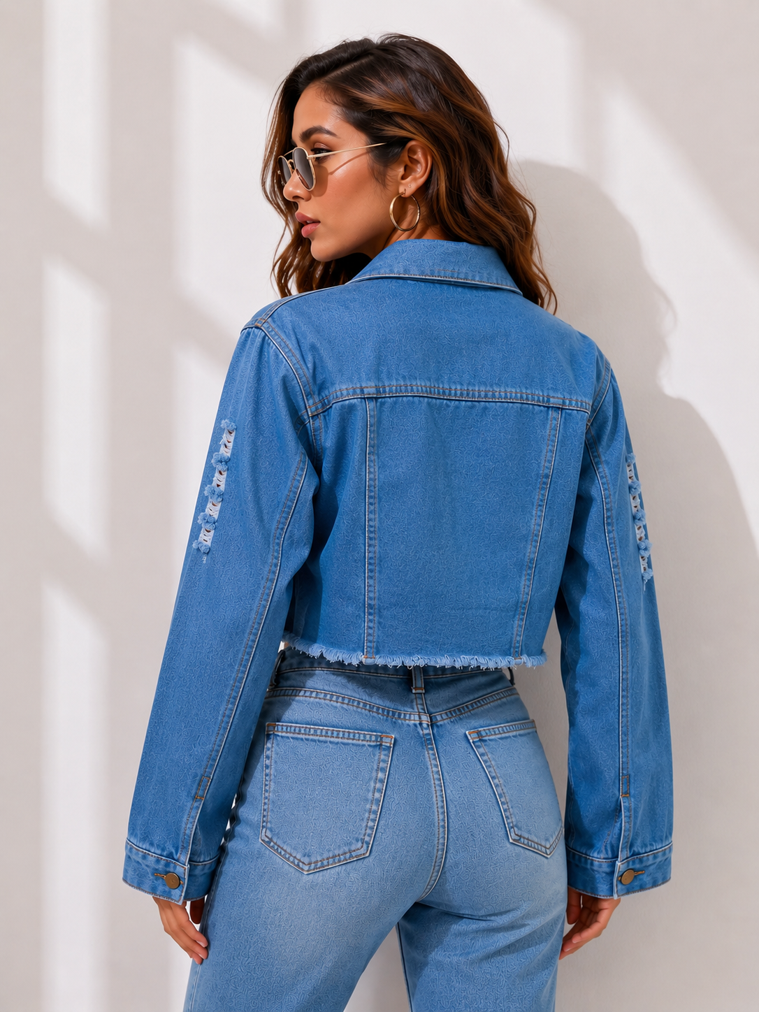 Women's Distressed Cropped Denim Jacket | Stylish Casual Blue Jacket