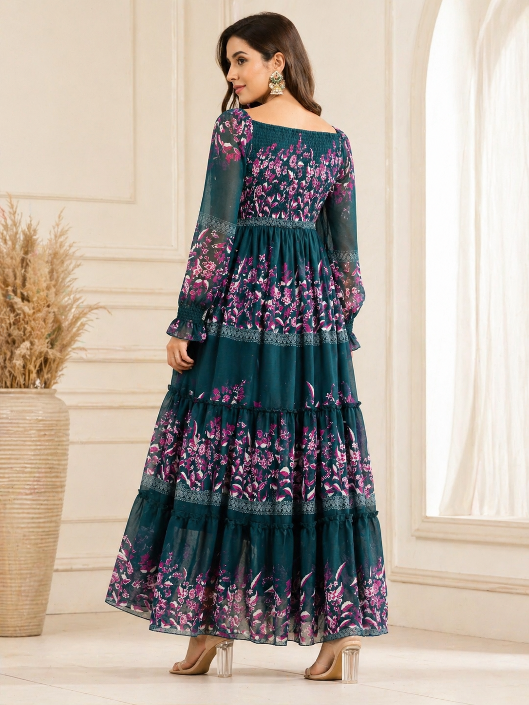 CALLYVOGUE Women's Floral Print Chiffon Maxi Dress | Teal Blue Long Dress