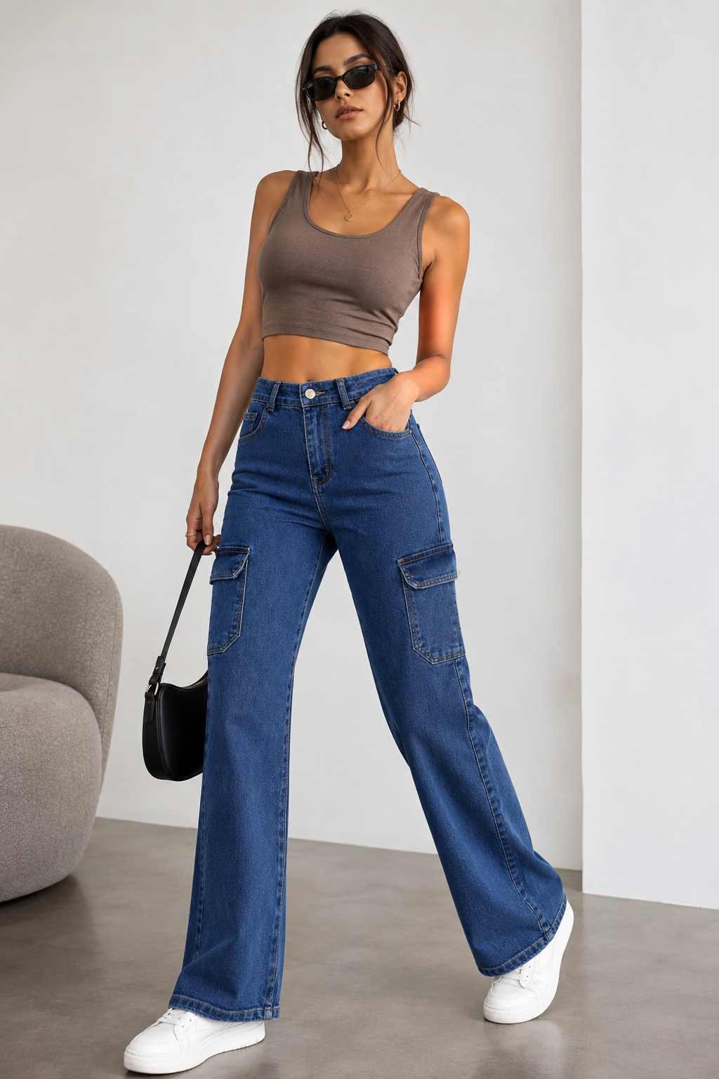 Urban Blue High-Waist Cargo Denim Jeans