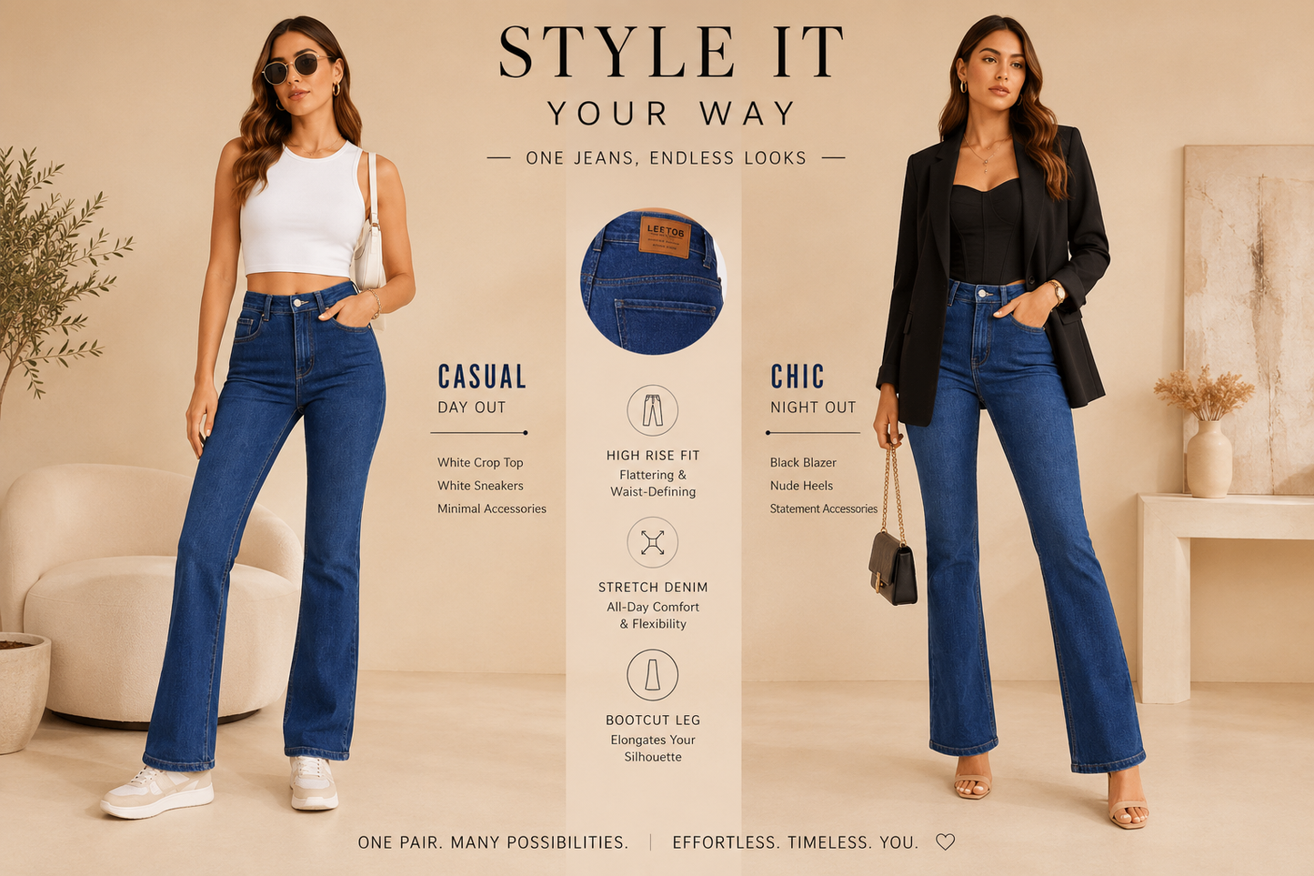 Women's Mid Blue High Rise Bootcut Stretch Jeans