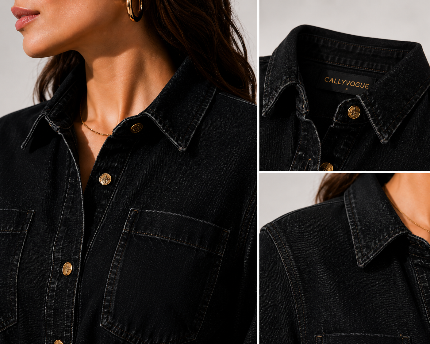 CallyVogue Vintage Black Denim Shirt Dress with Waist Tie Belt