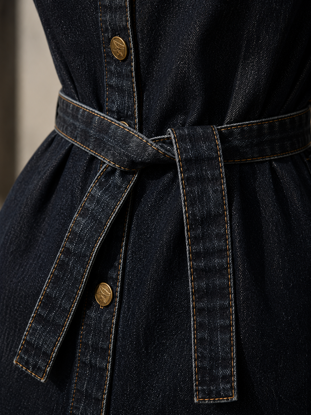 CallyVogue Vintage Black Denim Shirt Dress with Waist Tie Belt