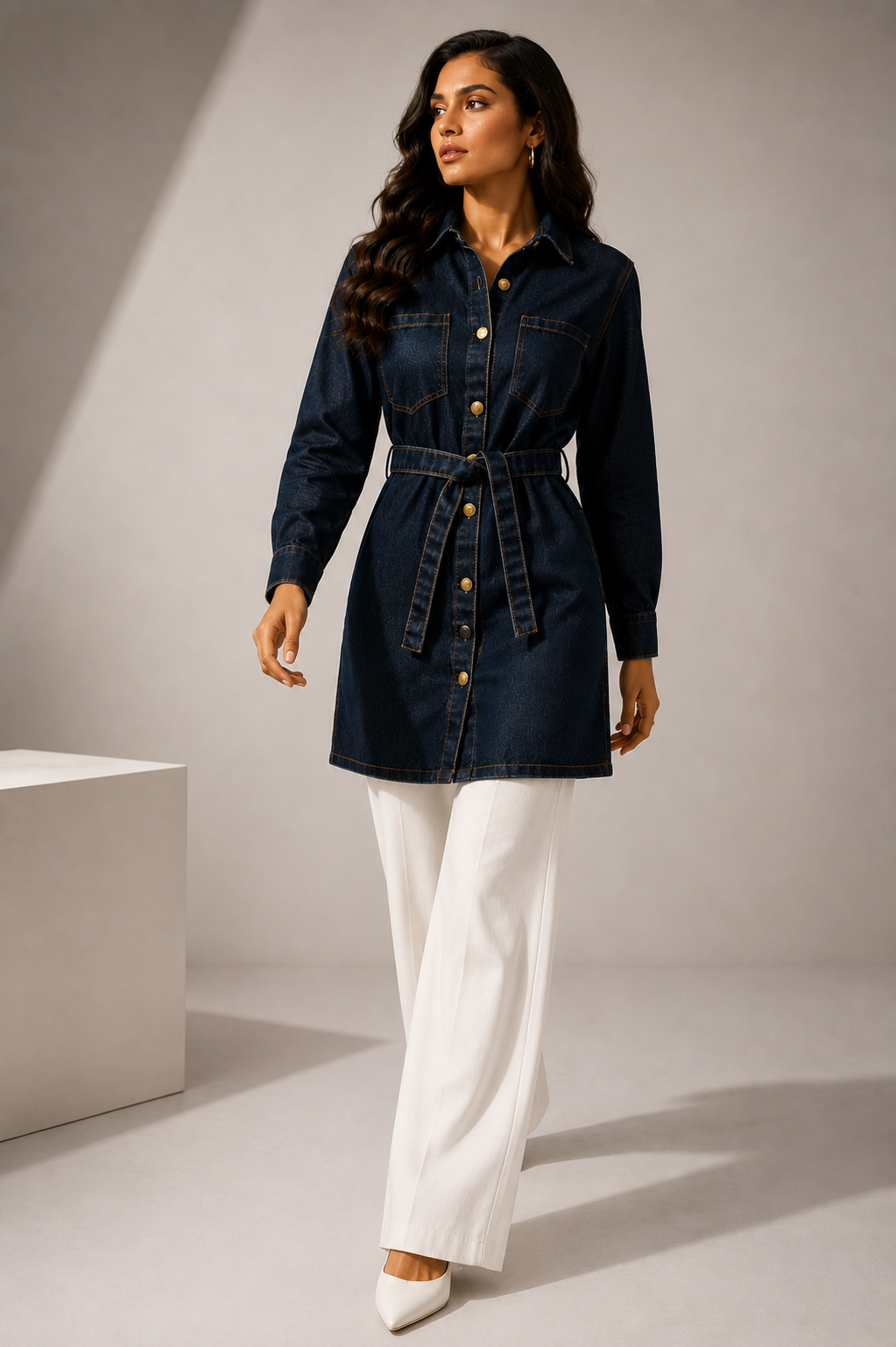 CallyVogue Vintage Black Denim Shirt Dress with Waist Tie Belt