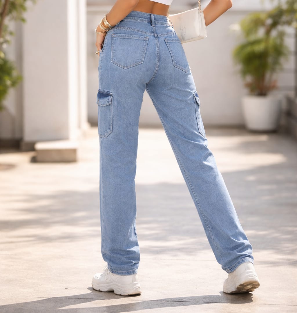 Sky Blue High-Waist Cargo Denim Jeans