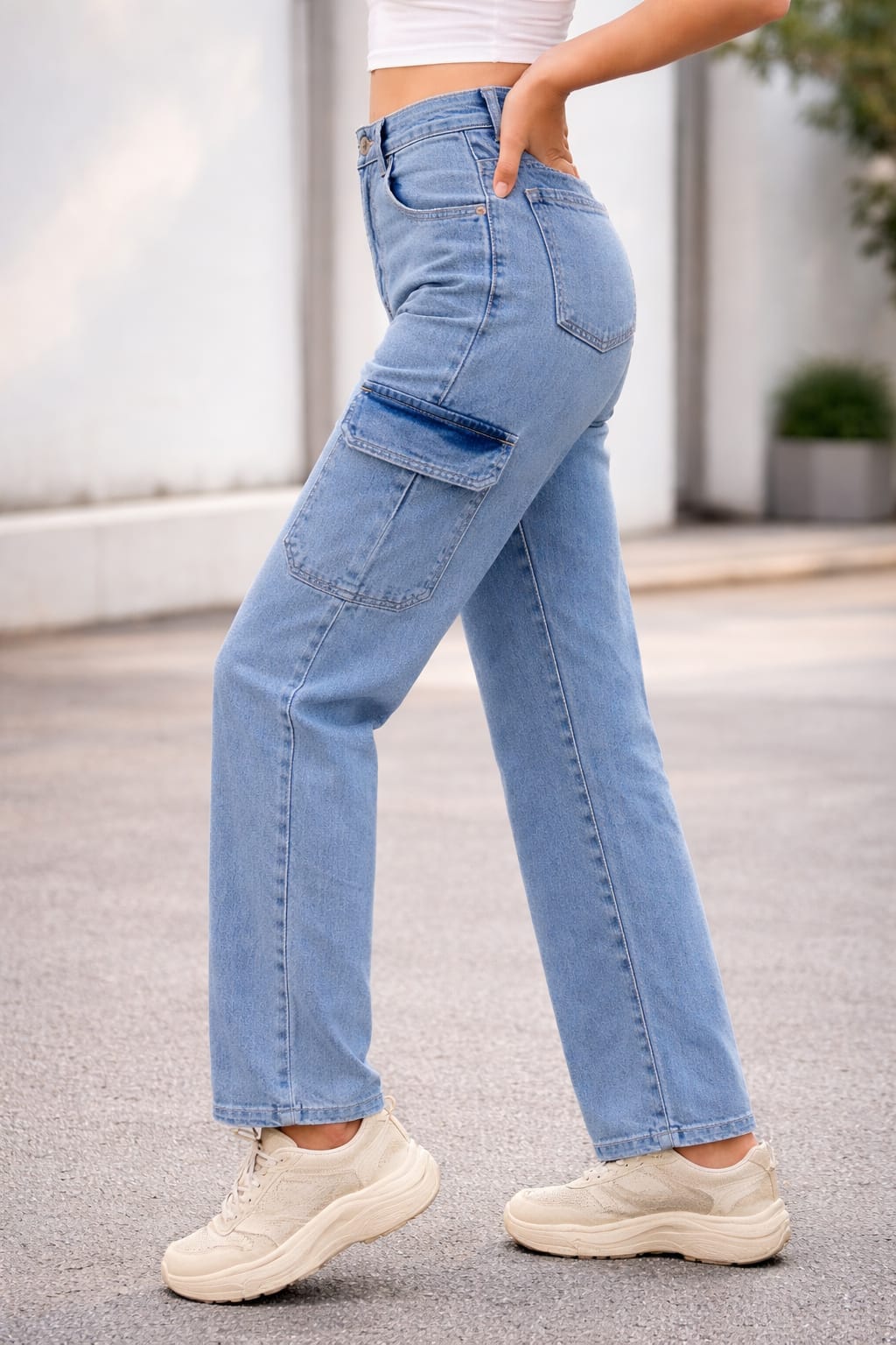Sky Blue High-Waist Cargo Denim Jeans