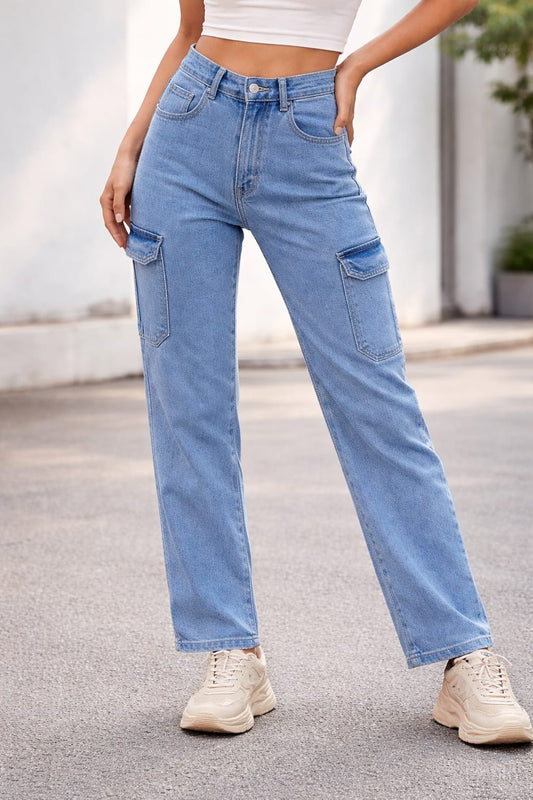 Sky Blue High-Waist Cargo Denim Jeans