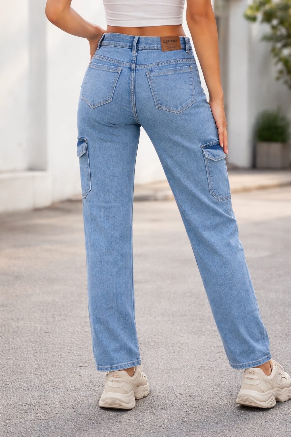Sky Blue High-Waist Cargo Denim Jeans
