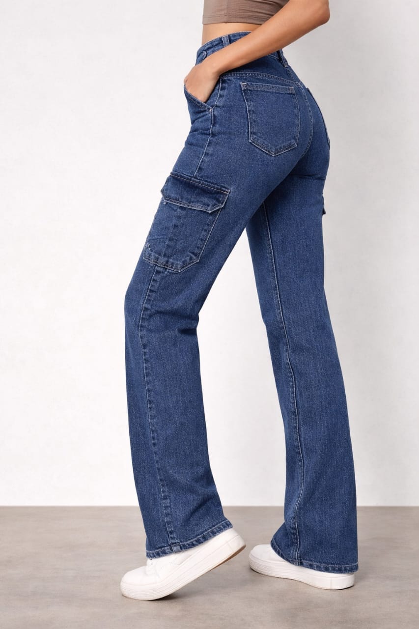 Urban Blue High-Waist Cargo Denim Jeans