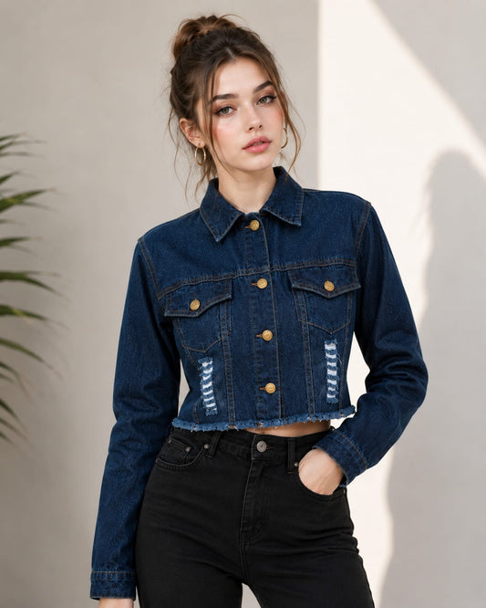 Dark Blue Distressed Cropped Denim Jacket for Women | CallyVogue