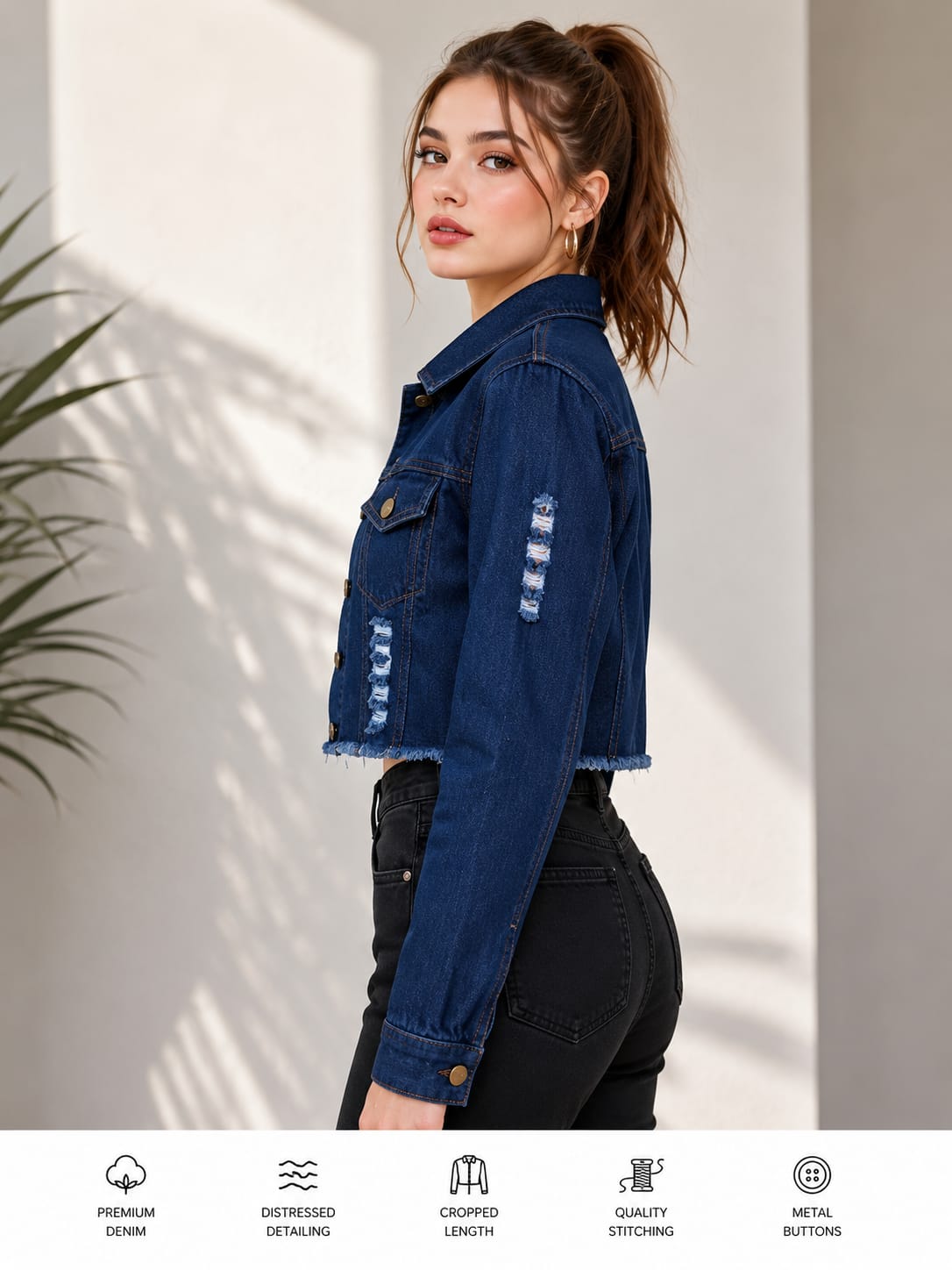 Dark Blue Distressed Cropped Denim Jacket for Women | CallyVogue