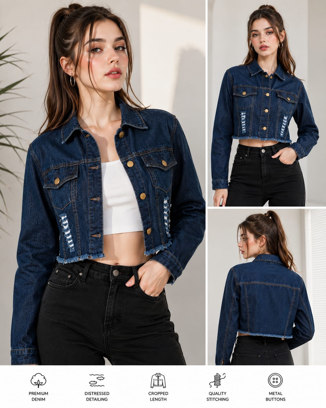 Dark Blue Distressed Cropped Denim Jacket for Women | CallyVogue