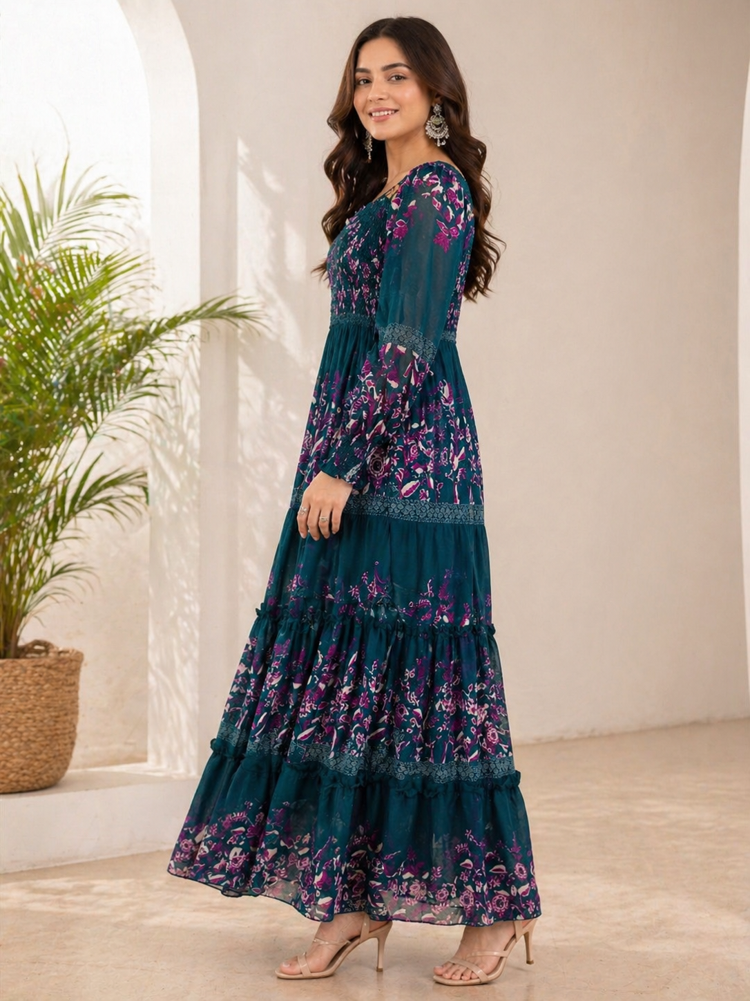 CALLYVOGUE Women's Floral Print Chiffon Maxi Dress | Teal Blue Long Dress