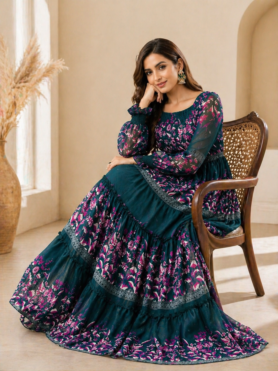CALLYVOGUE Women's Floral Print Chiffon Maxi Dress | Teal Blue Long Dress