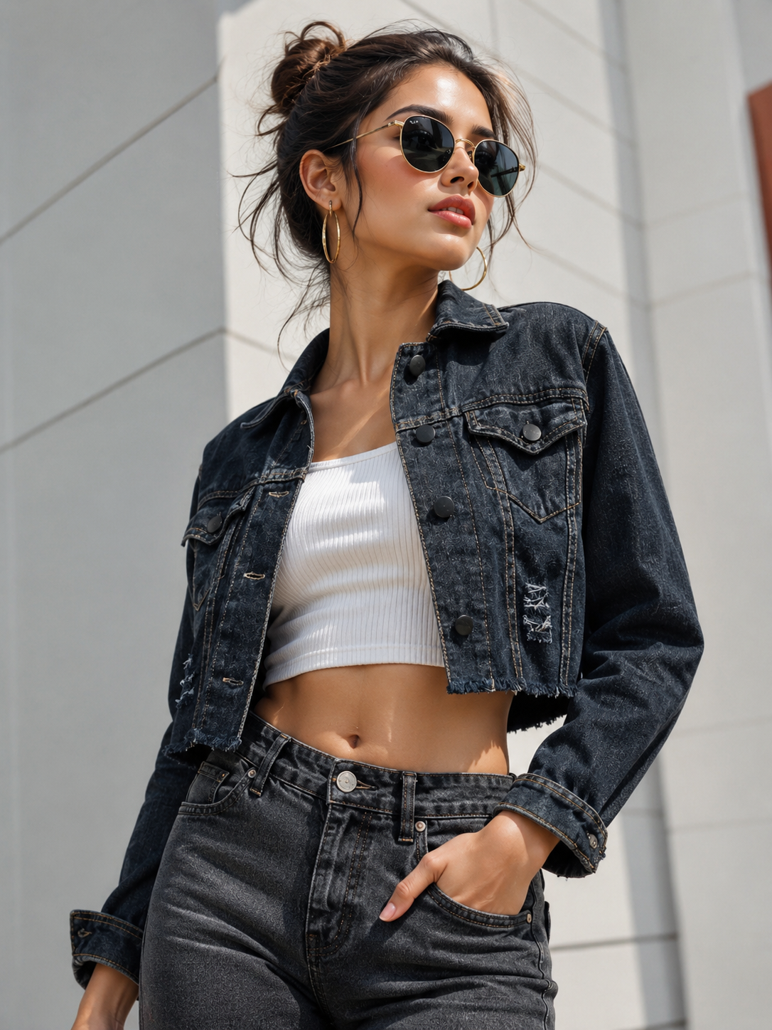 Women's Black Cropped Denim Jacket | Trendy Casual Jacket