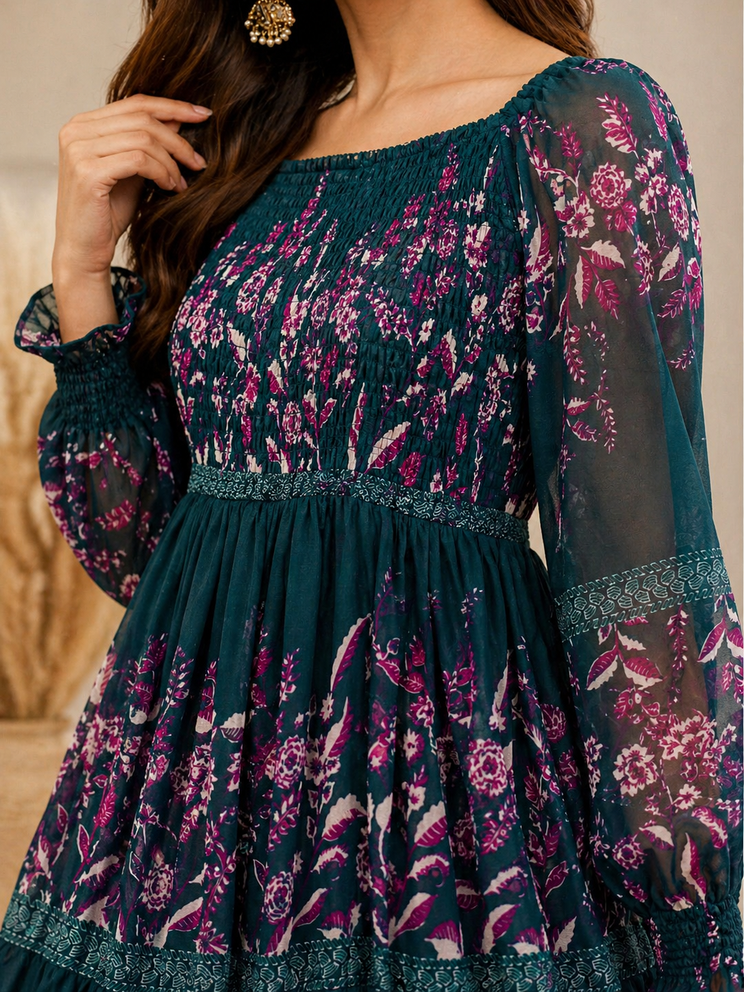 CALLYVOGUE Women's Floral Print Chiffon Maxi Dress | Teal Blue Long Dress