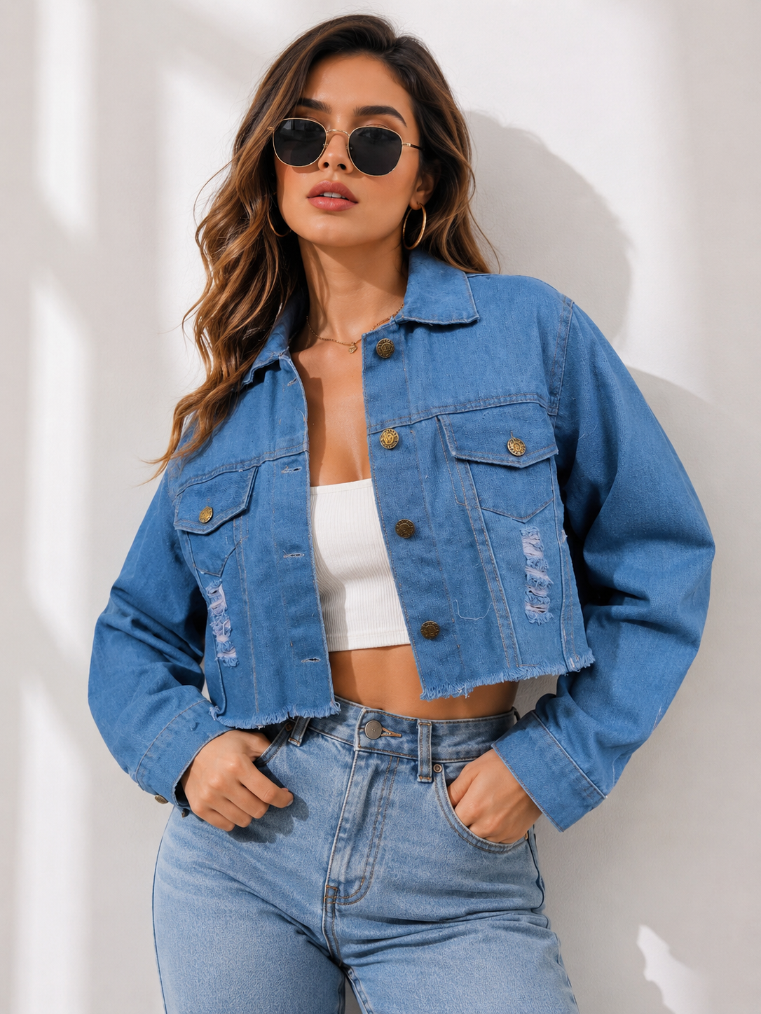 Women's Distressed Cropped Denim Jacket | Stylish Casual Blue Jacket