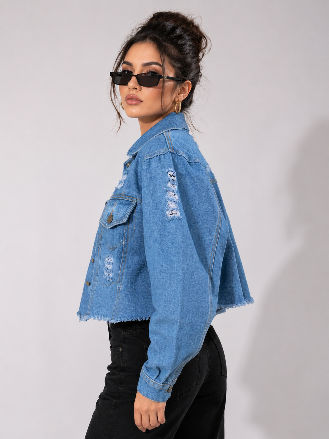Women's Distressed Cropped Denim Jacket | Stylish Casual Blue Jacket